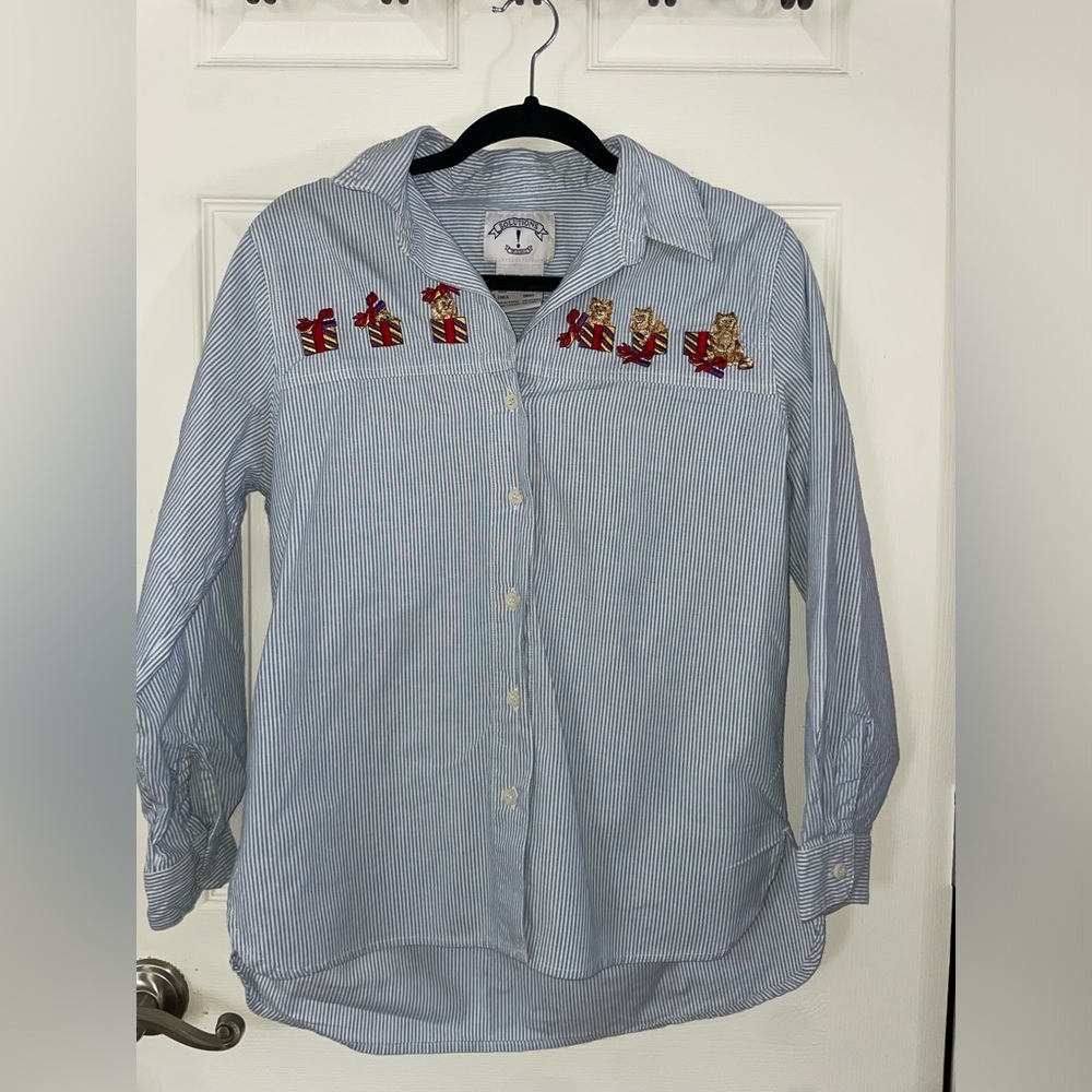 Vintage Solutions Blue Striped Shirt with Embroidered Kiittens in Box’s Small 🐈🎁